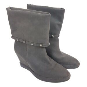 Studded Gray Leather Fold over Wedge Heels